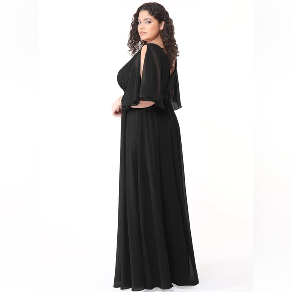 NWT Azazie Tameka Black Full Length Formal Front Slit Sleeves Chiffon Dress - Picture 2 of 5
